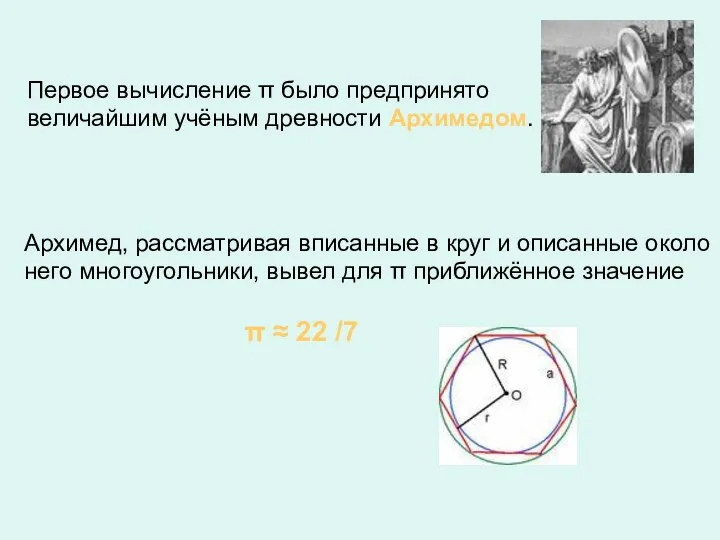 Первое вычисление π было предпринято величайшим учёным древности Архимедом. Архимед, рассматривая вписанные