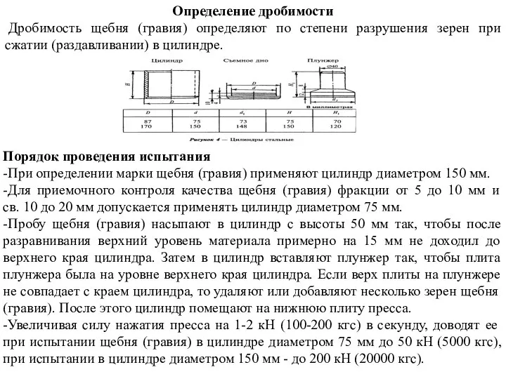 Определение дробимости Дробимость щебня (гравия) определяют по степени разрушения зерен при сжатии