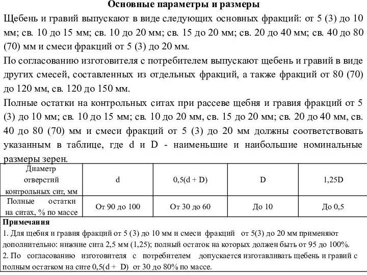 Основные параметры и размеры Щебень и гравий выпускают в виде следующих основных