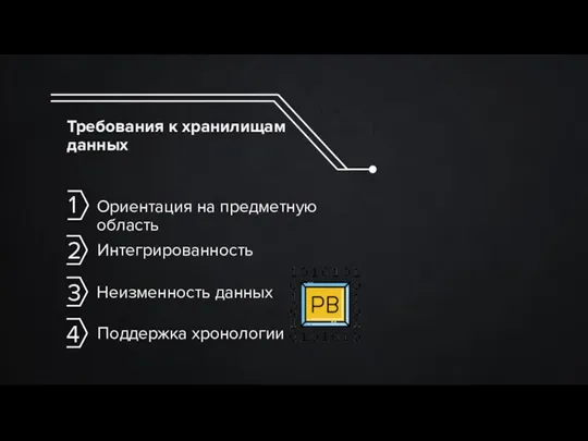 Ориентация на предметную область Интегрированность Требования к хранилищам данных Неизменность данных Поддержка хронологии