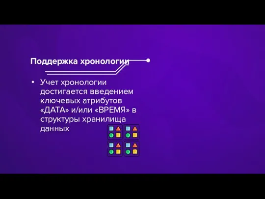 Учет хронологии достигается введением ключевых атрибутов «ДАТА» и/или «ВРЕМЯ» в структуры хранилища данных Поддержка хронологии