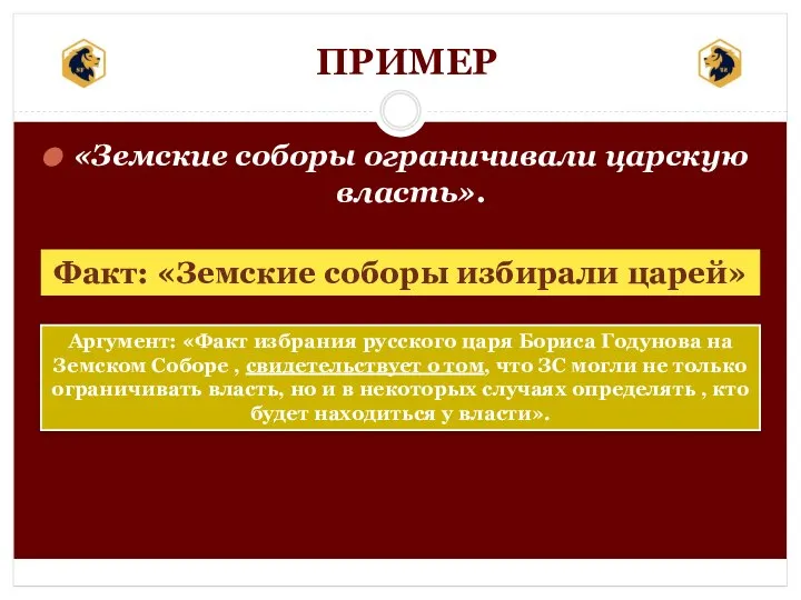 ПРИМЕР «Земские соборы ограничивали царскую власть». Факт: «Земские соборы избирали царей» Аргумент: