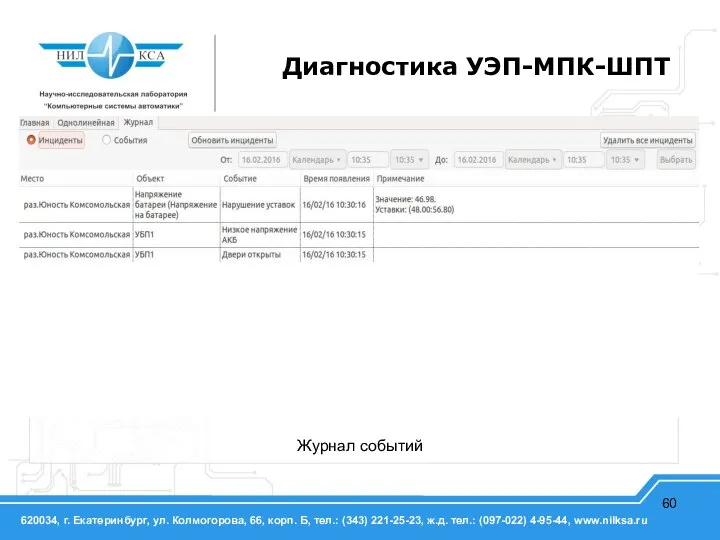 Журнал событий Диагностика УЭП-МПК-ШПТ