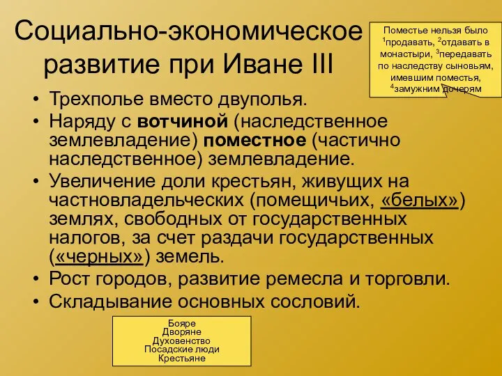 Социально-экономическое развитие при Иване III Трехполье вместо двуполья. Наряду с вотчиной (наследственное