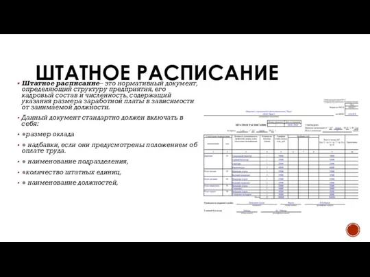 ШТАТНОЕ РАСПИСАНИЕ Штатное расписание– это нормативный документ, определяющий структуру предприятия, его кадровый