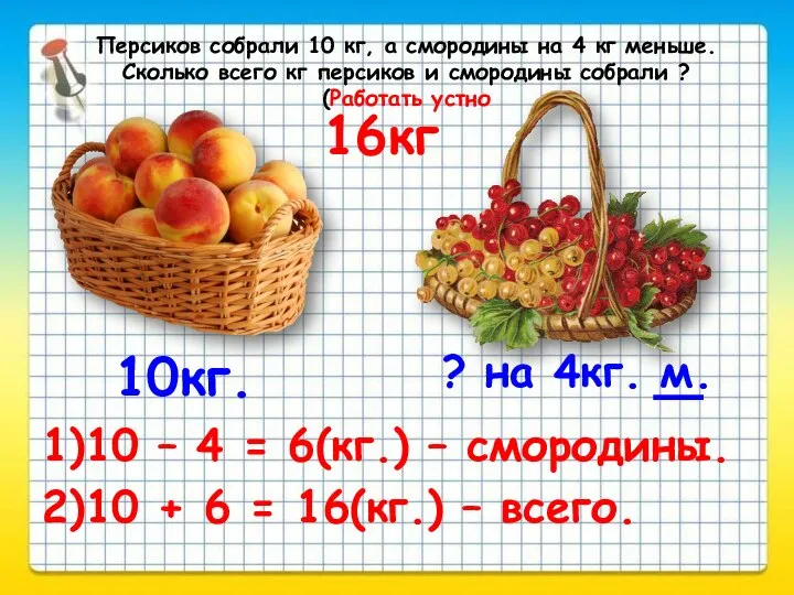 Персиков собрали 10 кг, а смородины на 4 кг меньше. Сколько всего