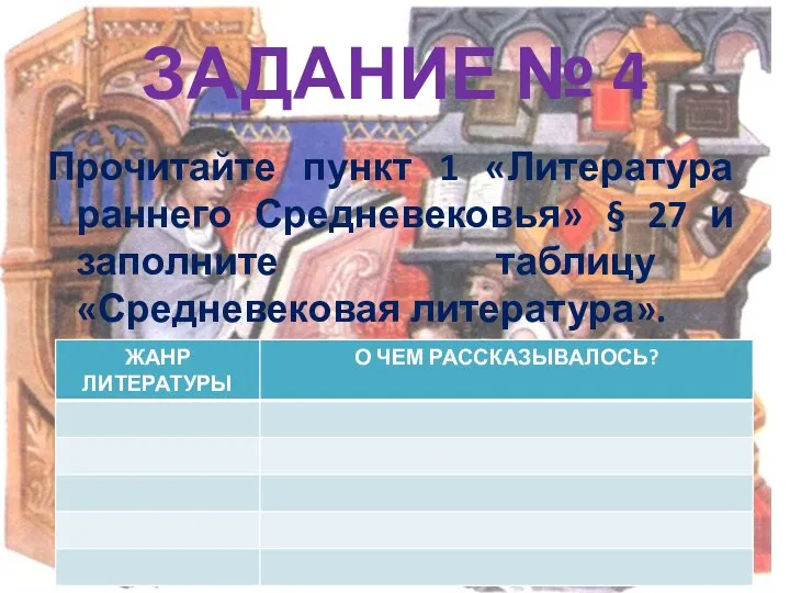 ЗАДАНИЕ № 4 Прочитайте пункт 1 «Литература раннего Средневековья» § 27 и заполните таблицу «Средневековая литература».