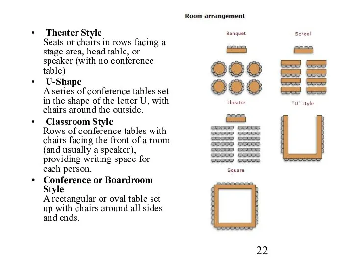 Theater Style Seats or chairs in rows facing a stage area, head