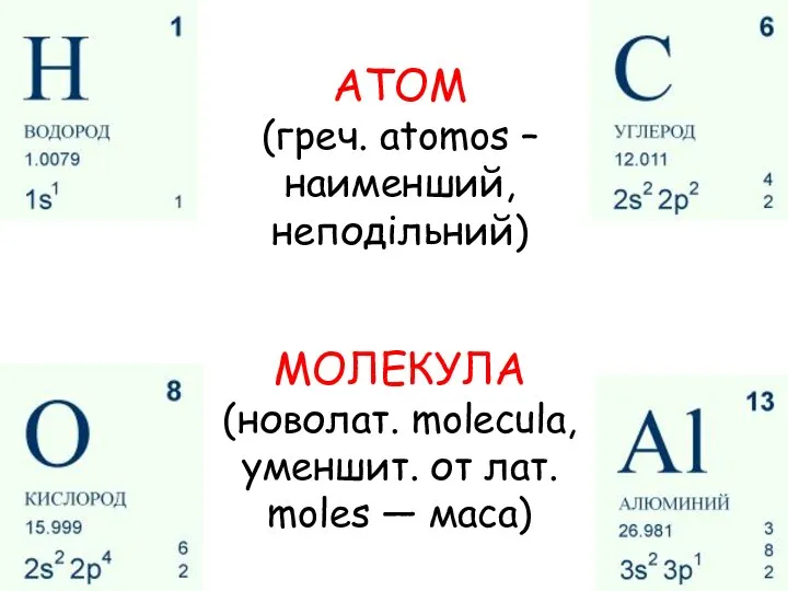 МОЛЕКУЛА (новолат. molecula, уменшит. от лат. moles — маса) АТОМ (греч. atomos – наименший, неподiльний)