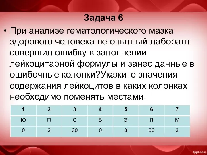 Задача 6 При анализе гематологического мазка здорового человека не опытный лаборант совершил