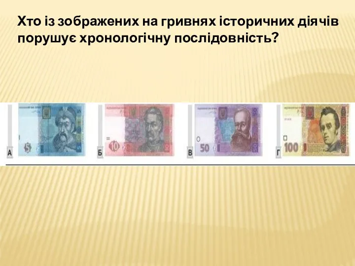 Хто із зображених на гривнях історичних діячів порушує хронологічну послідовність?