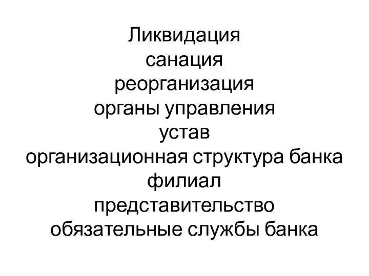 Ликвидация санация реорганизация органы управления устав организационная структура банка филиал представительство обязательные службы банка