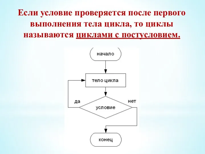 Если условие проверяется после первого выполнения тела цикла, то циклы называются циклами с постусловием.