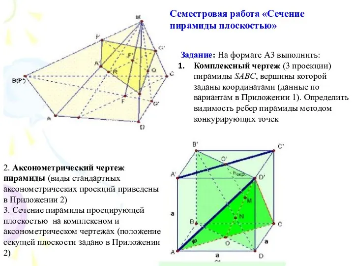 2. Аксонометрический чертеж пирамиды (виды стандартных аксонометрических проекций приведены в Приложении 2)