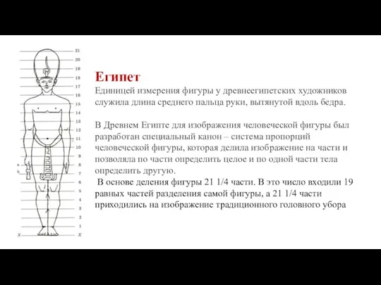 Египет Единицей измерения фигуры у древнеегипетских художников служила длина среднего пальца руки,