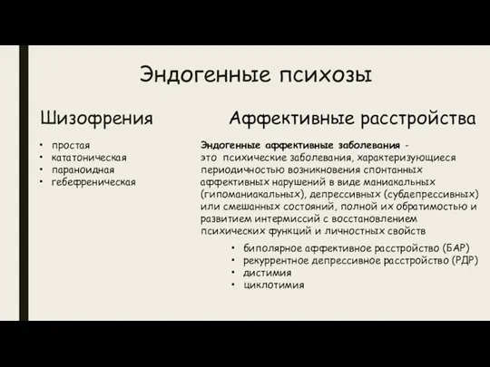 Шизофрения Аффективные расстройства простая кататоническая параноидная гебефреническая биполярное аффективное расстройство (БАР) рекуррентное