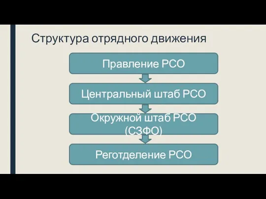 Структура отрядного движения Правление РСО Центральный штаб РСО Окружной штаб РСО (СЗФО) Реготделение РСО