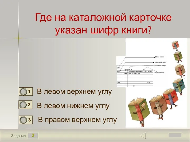 2 Задание Где на каталожной карточке указан шифр книги? В левом верхнем