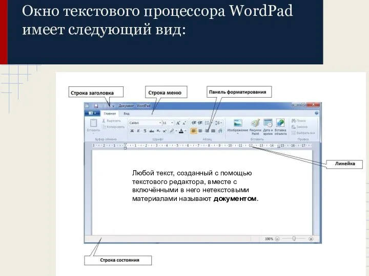 Окно текстового процессора WordPad имеет следующий вид: Любой текст, созданный с помощью