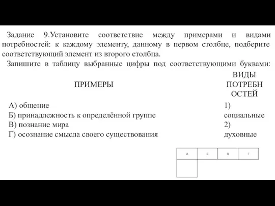 Задание 9.Установите соответствие между примерами и видами потребностей: к каждому элементу, данному