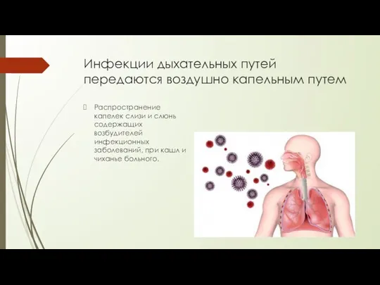 Инфекции дыхательных путей передаются воздушно капельным путем Распространение капелек слизи и слюнь