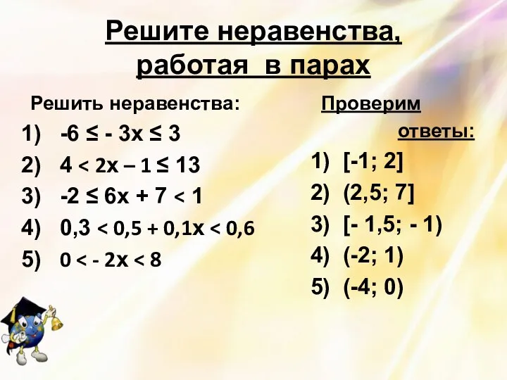 Решите неравенства, работая в парах Решить неравенства: -6 ≤ - 3х ≤