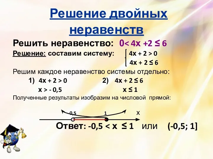 Решение двойных неравенств Решить неравенство: 0 Решение: составим систему: 4х + 2