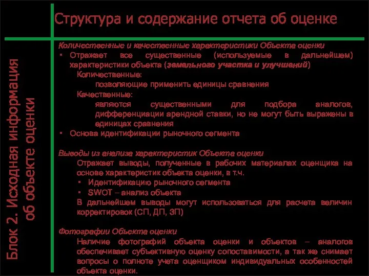 С. Л.12 Структура и содержание отчета об оценке Количественные и качественные характеристики