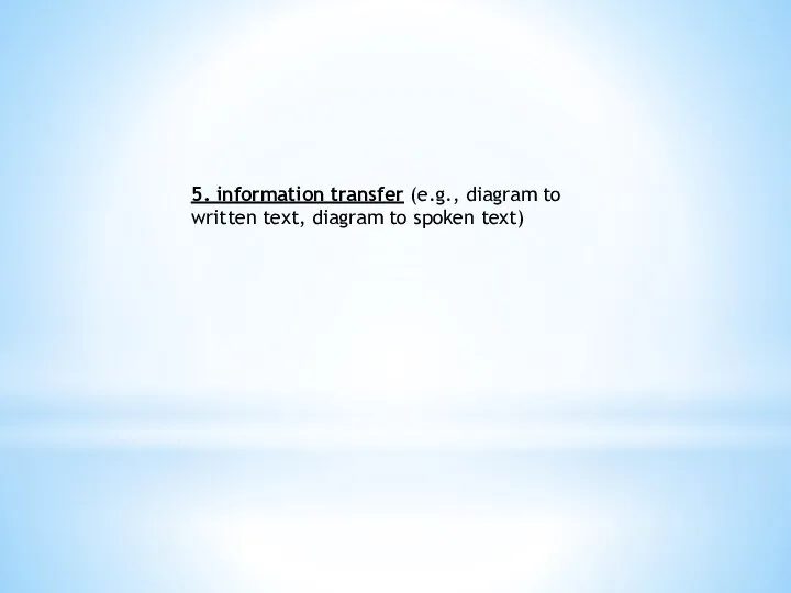 5. information transfer (e.g., diagram to written text, diagram to spoken text)