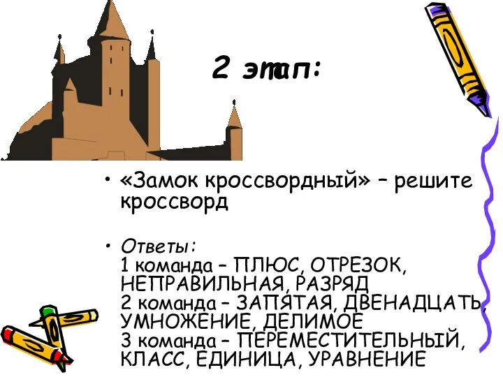 2 этап: «Замок кроссвордный» – решите кроссворд Ответы: 1 команда – ПЛЮС,