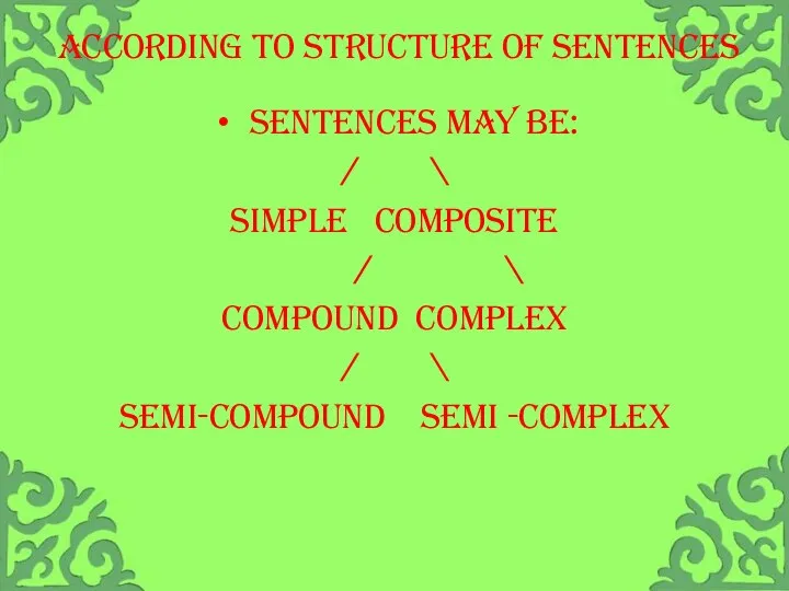 ACCORDING TO STRUCTURE OF SENTENCES SENTENCES MAY BE: / \ SIMPLE COMPOSITE