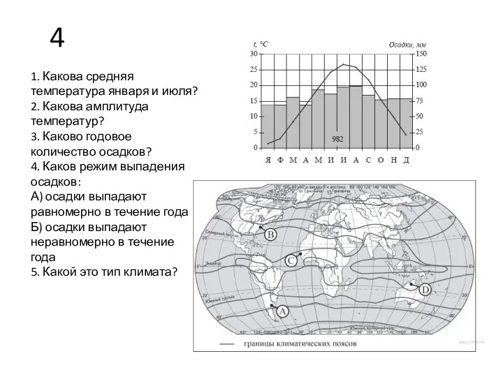 4 1. Какова средняя температура января и июля? 2. Какова амплитуда температур?