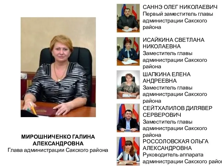 МИРОШНИЧЕНКО ГАЛИНА АЛЕКСАНДРОВНА Глава администрации Сакского района САННЭ ОЛЕГ НИКОЛАЕВИЧ Первый заместитель