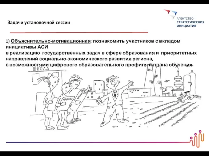 Задачи установочной сессии 1) Объяснительно-мотивационная: познакомить участников с вкладом инициативы АСИ в