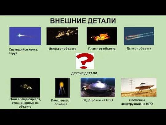 ВНЕШНИЕ ДЕТАЛИ Светящийся хвост, струя Надстройки на НЛО Огни вращающиеся, стационарные на