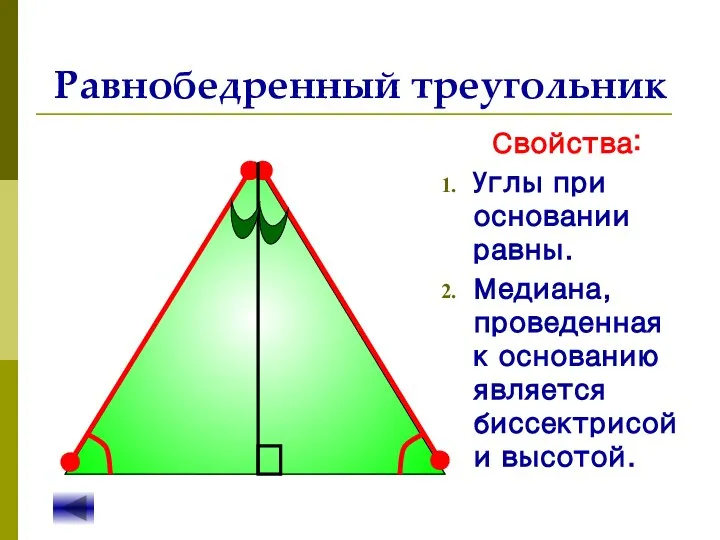 Равнобедренный треугольник Свойства: Углы при основании равны. Медиана, проведенная к основанию является биссектрисой и высотой.