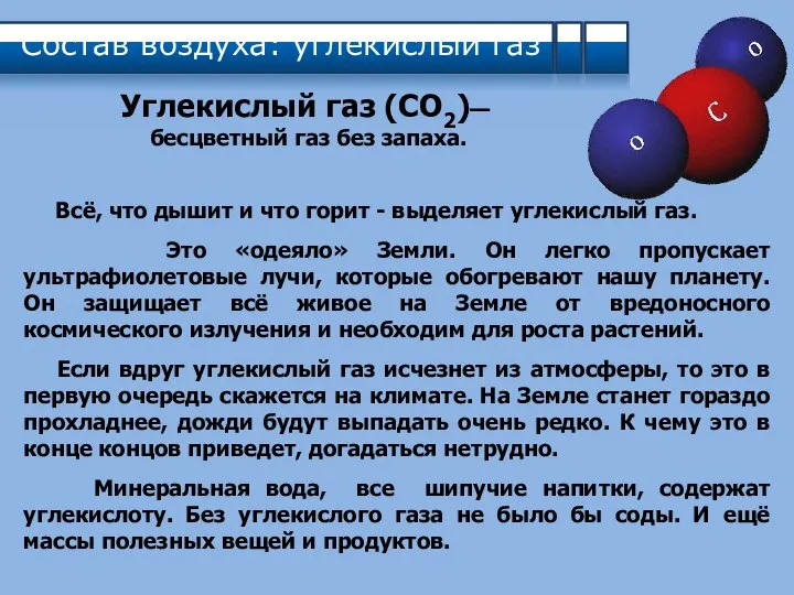 Состав воздуха: углекислый газ Углекислый газ (СО2)— бесцветный газ без запаха. Всё,