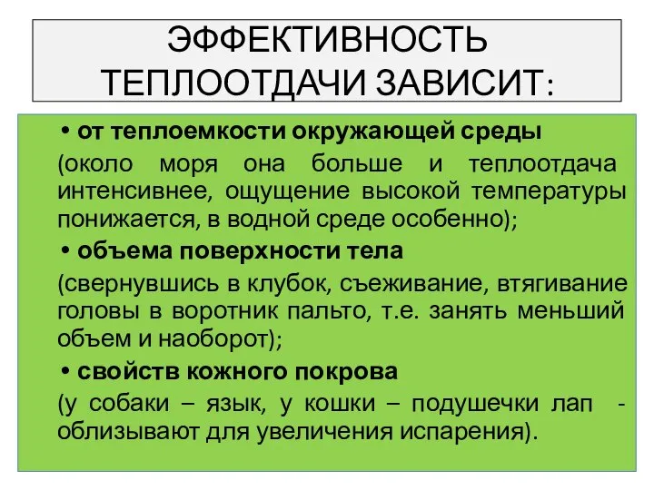 ЭФФЕКТИВНОСТЬ ТЕПЛООТДАЧИ ЗАВИСИТ: от теплоемкости окружающей среды (около моря она больше и