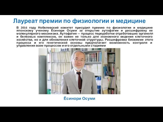 Лауреат премии по физиологии и медицине В 2016 году Нобелевский комитет присудил