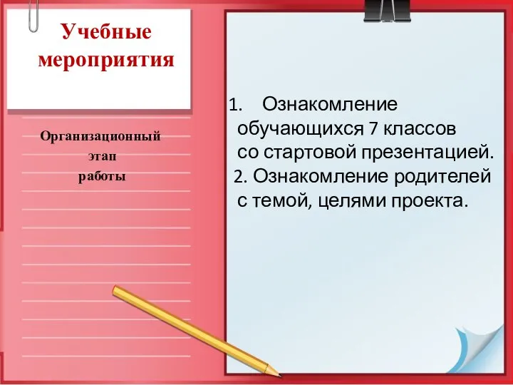 Учебные мероприятия Организационный этап работы Ознакомление обучающихся 7 классов со стартовой презентацией.