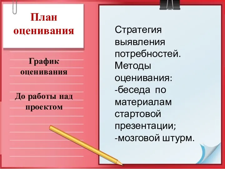 План оценивания График оценивания До работы над проектом Стратегия выявления потребностей. Методы