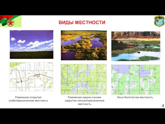 ВИДЫ МЕСТНОСТИ Равнинная открытая слабопересеченная местность Равнинная озерно-лесная закрытая сильнопересеченная местность Лесо-болотистая местность