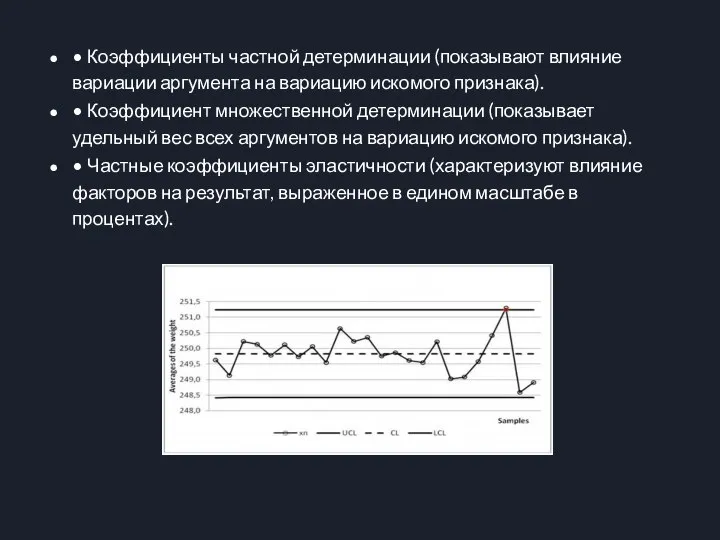 • Коэффициенты частной детерминации (показывают влияние вариации аргумента на вариацию искомого признака).