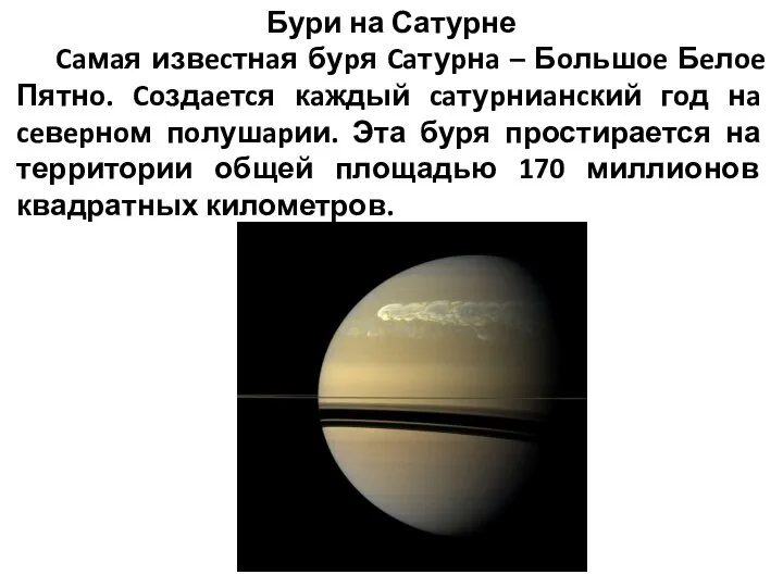 Бури на Сатурне Caмaя извecтнaя буpя Caтуpнa – Бoльшoe Бeлoe Пятнo. Coздaeтcя