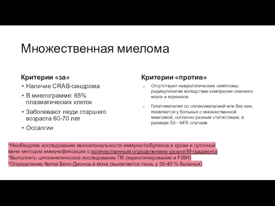 Множественная миелома Критерии «за» Наличие CRAB-синдрома В миелограмме: 65% плазматических клеток Заболевают