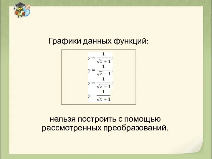 Графики данных функций: нельзя построить с помощью рассмотренных преобразований.