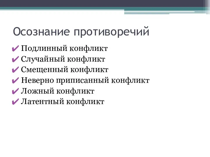 Осознание противоречий Подлинный конфликт Случайный конфликт Смещенный конфликт Неверно приписанный конфликт Ложный конфликт Латентный конфликт