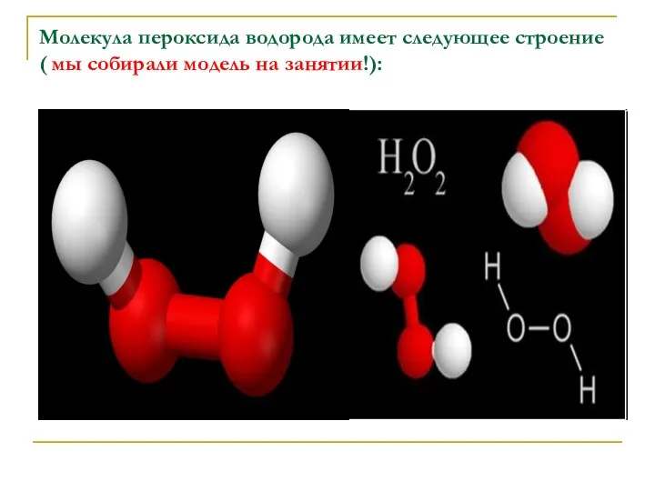 Молекула пероксида водорода имеет следующее строение ( мы собирали модель на занятии!):