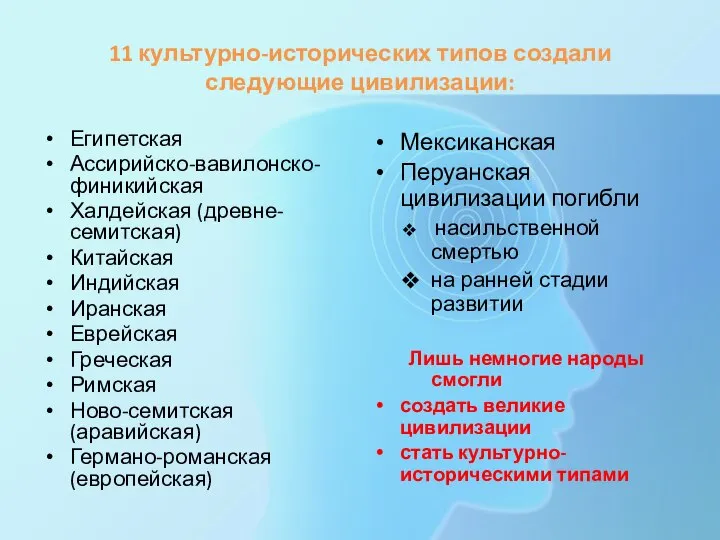 11 культурно-исторических типов создали следующие цивилизации: Египетская Ассирийско-вавилонско-финикийская Халдейская (древне-семитская) Китайская Индийская