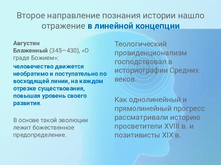 Второе направление познания истории нашло отражение в линейной концепции Августин Блаженный (345—430),